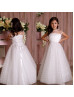 Ivory Heart Print Tulle Pearl Embellished Flower Girl Dress